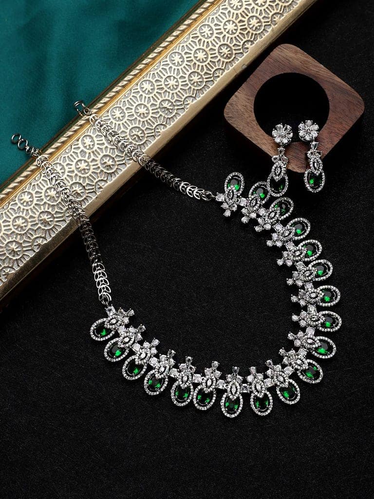 Cardinal Green Stone Silver Plated Brass American Diamond Necklace Set view 2