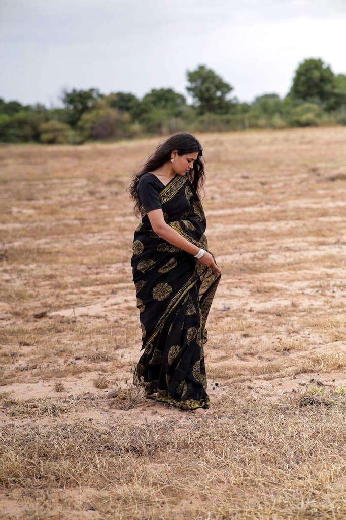 Jharokha -Black and green floral silk cotton Ajrakh handblockprinted saree view 2
