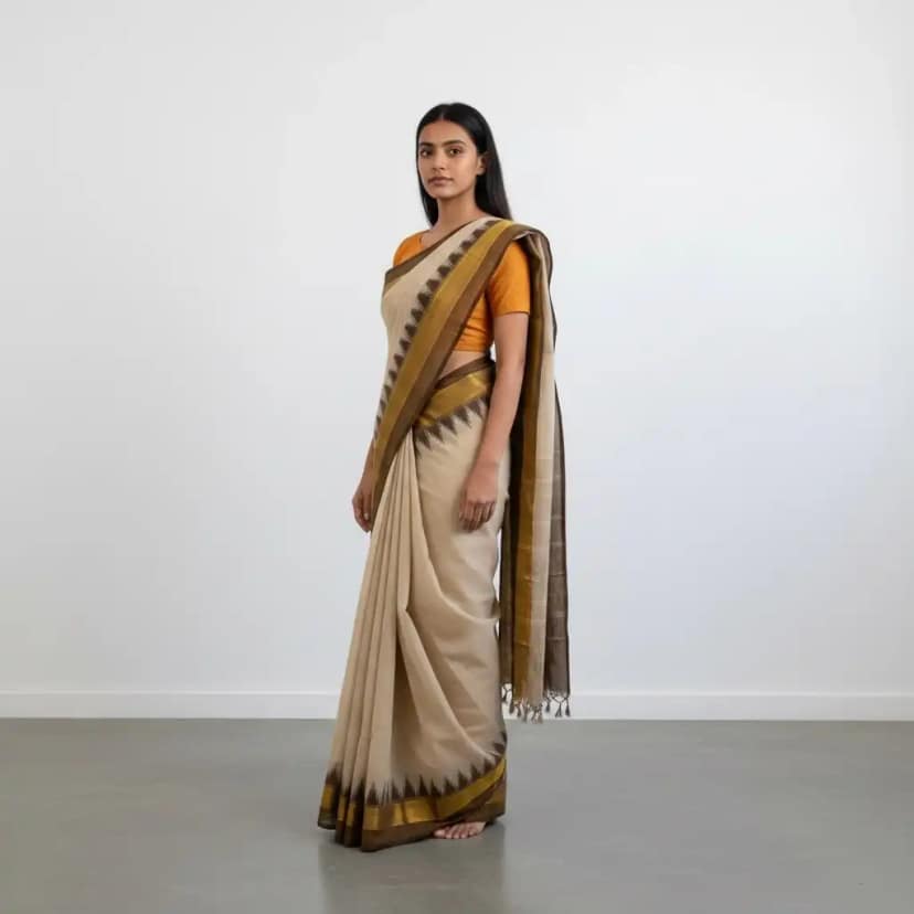 Cream Handloom Cotton Kanchipuram Saree with Golden Temple Border view 2