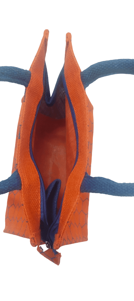 Orange Hexagon Pattern Tote Bag with Blue Handles view 2