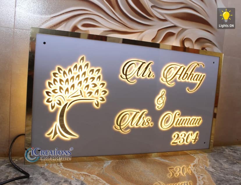 iCreations Custom Acrylic Nameplate with LED Lights for Home Entrance (Tree) view 2