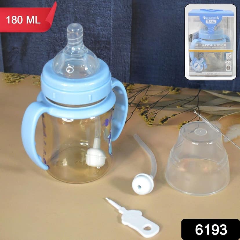 Plastic Baby Feeding Bottle with Handles, Cleaning brush & Straw (180 ML / 1 Pc) view 2