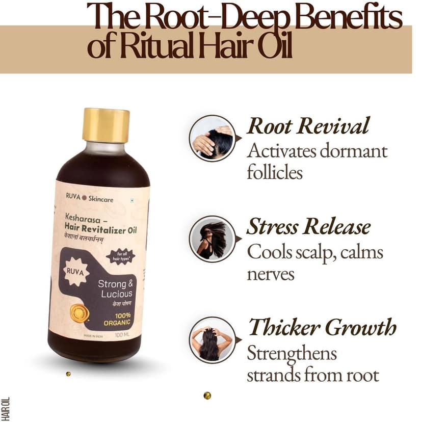 RUVA Organic Hair Revitalizer Ayurvedic Oil with Cold-Pressed Sesame Oil, Bhringraj & Amla | Strengthens Roots, Shine, Natural Haircare | For All Hair Types - Men & Women | 100ml view 2