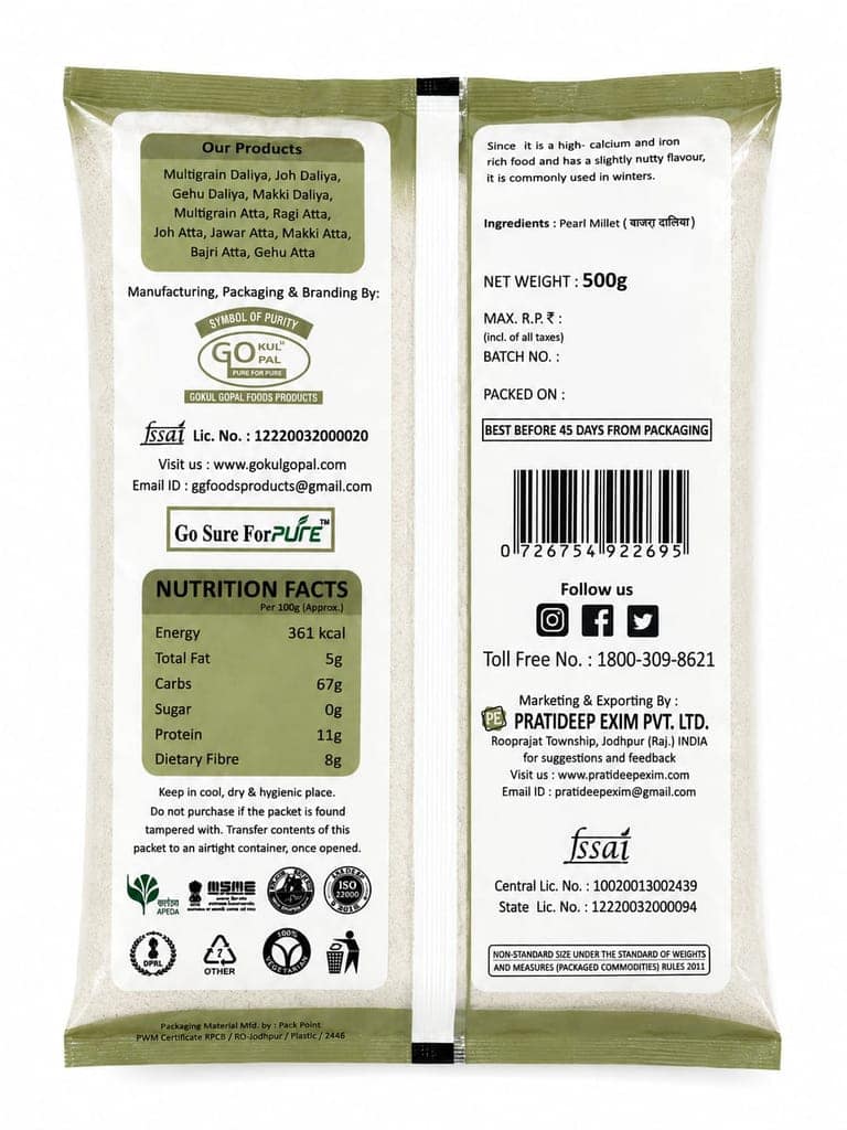 Gokul Gopal Bajri Aata (Pearl Millet Flour), Rich in Magnesium and Potassium, Heart Healthy, Zero Preservatives, Easy to Digest 500gm view 2