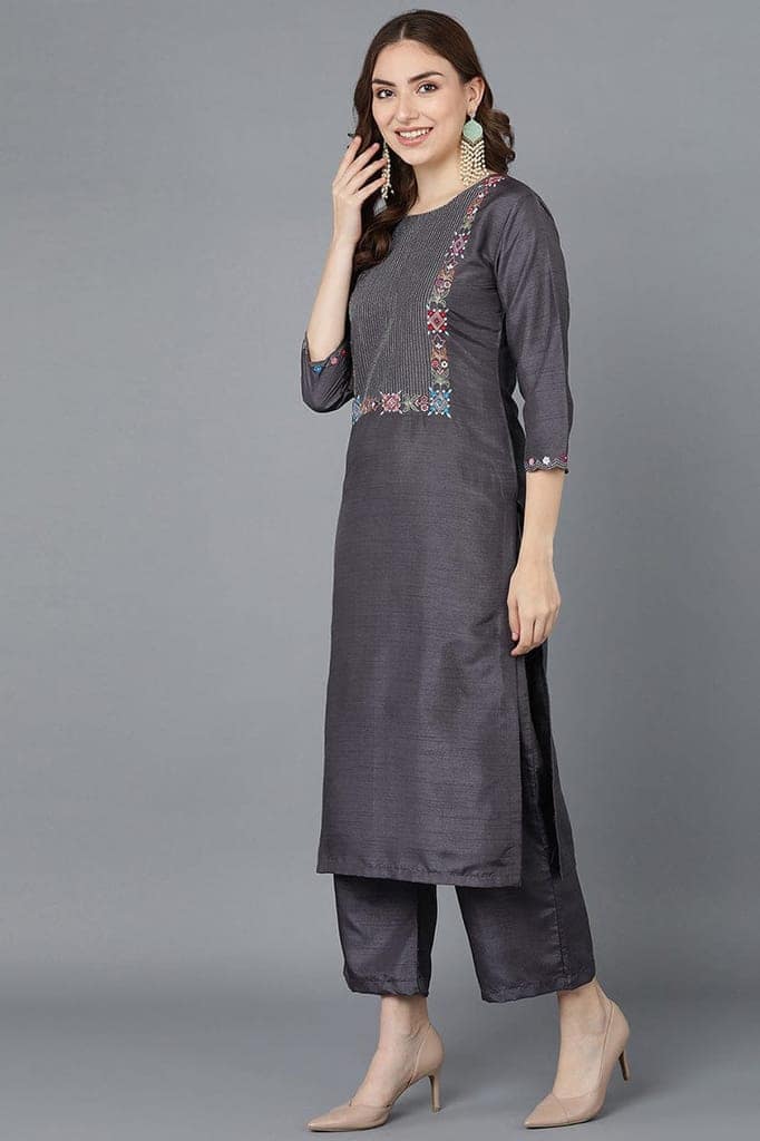 Women Charcoal Poly Silk Embroidered Kurta Trousers With Dupatta PKSKD1502 view 2