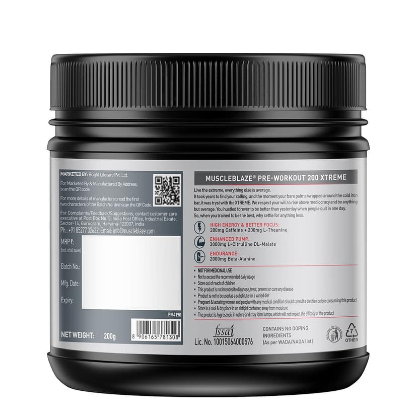 MuscleBlaze Pre Workout 200 Xtreme (Fruit Punch, 200g) 200mg Caffeine, 200mg Theanine, 2000mg Beta Alanine, 3000mg Citrulline view 2