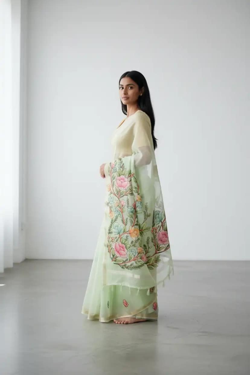 Handwoven Kota Doria Saree in Pista Green with Floral Block Print