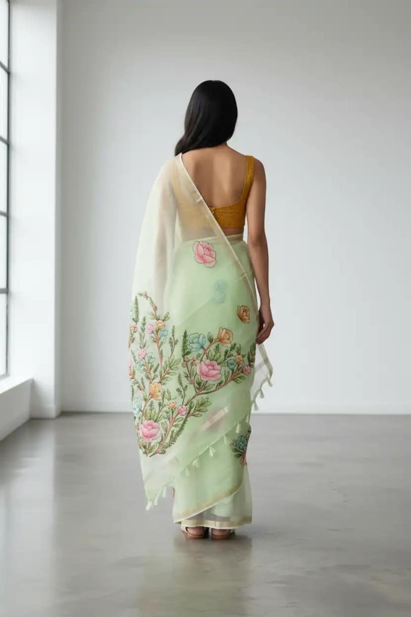 Handwoven Kota Doria Saree in Pista Green with Floral Block Print view 2
