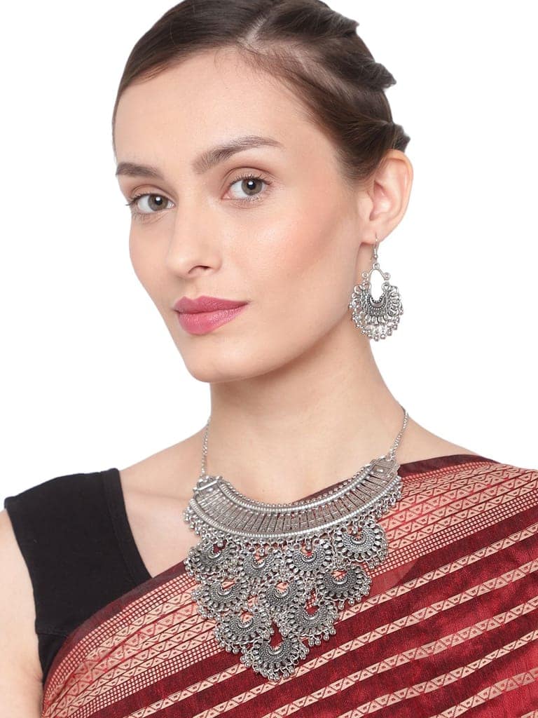 Cardinal Oxidized Silver Color Choker Necklace Set view 2