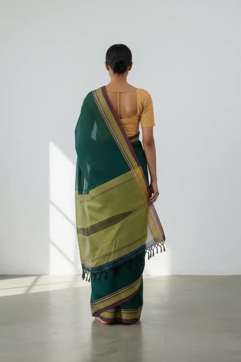 Handwoven Ilkal Saree in Teal Green with Multi-stripe Woven Border view 2