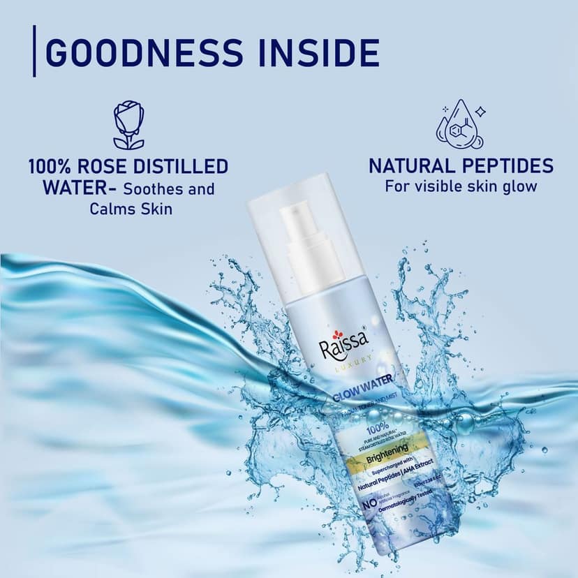 Raissa Glow Water Toner For Face| With Natural Peptides, AHA Extract & 100% Pure Rose Extracts| Tightens Pores| Instantly Hydrates| Balances pH| Alcohol-Free Spray| All Skin types| 100 ml view 2