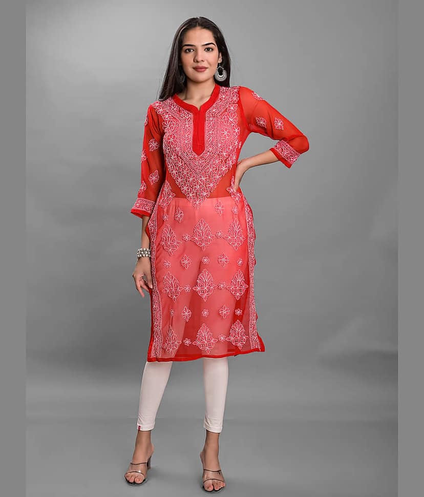 Apratim - Red Georgette Women's Straight Kurti ( Pack of 1 )