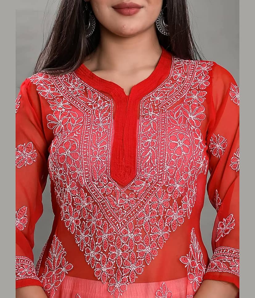 Apratim - Red Georgette Women's Straight Kurti ( Pack of 1 ) view 2