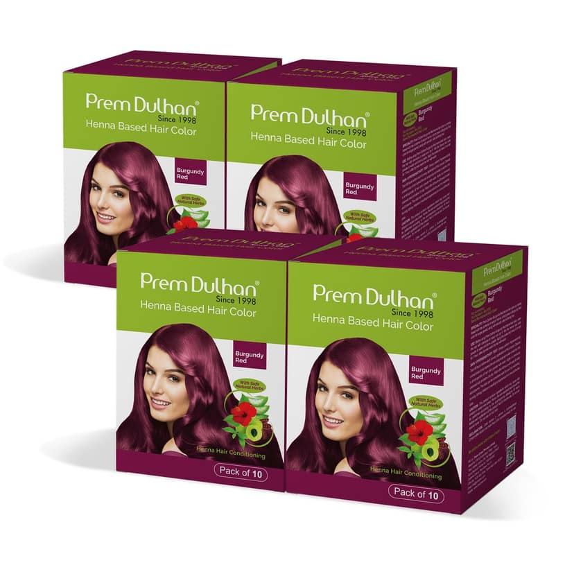 Prem Dulhan Burgundy Henna Hair Color | Herbal Hair Color Powder | Ammonia-Free, Paraben-Free | Long Lasting Grey Coverage | Natural Shine | Pack of 10 Sachets