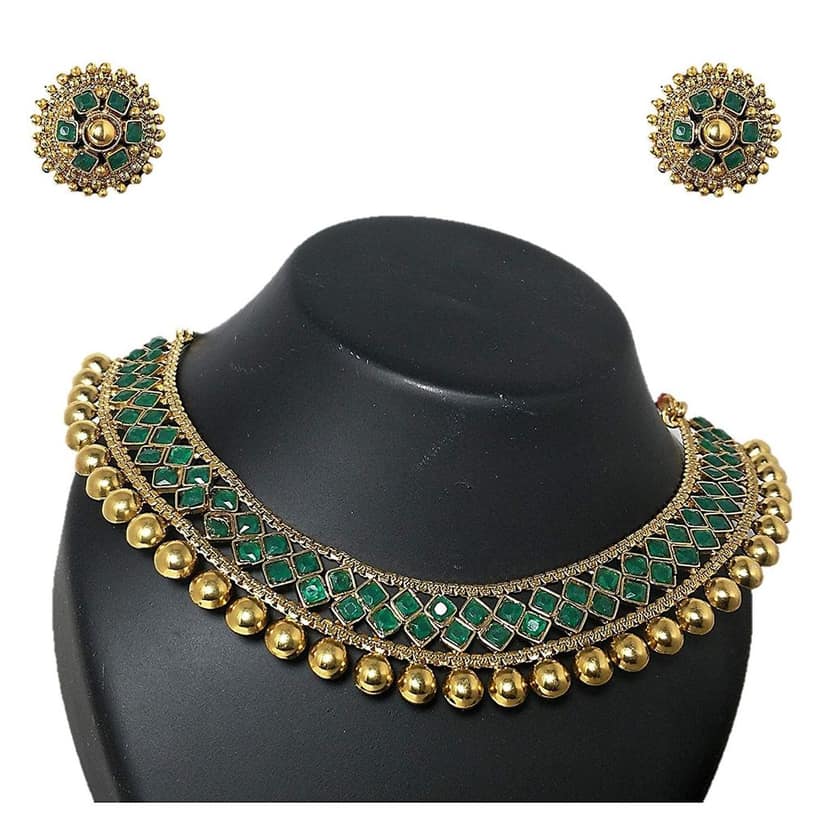Pujvi Fashions Green metalic Choker Necklace set view 2