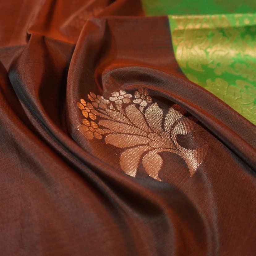 Chocolate Brown Kanchipuram Soft Silk Saree with Green Pallu view 2