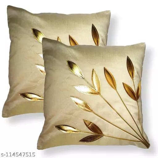 BALLEY Silk Decorative Golden Leaf Striped Pillow Cover Bedroom & Living Room Cushion Cover Set Sofa 16 X 16 Inches (Set of 5) (Beige121) view 2