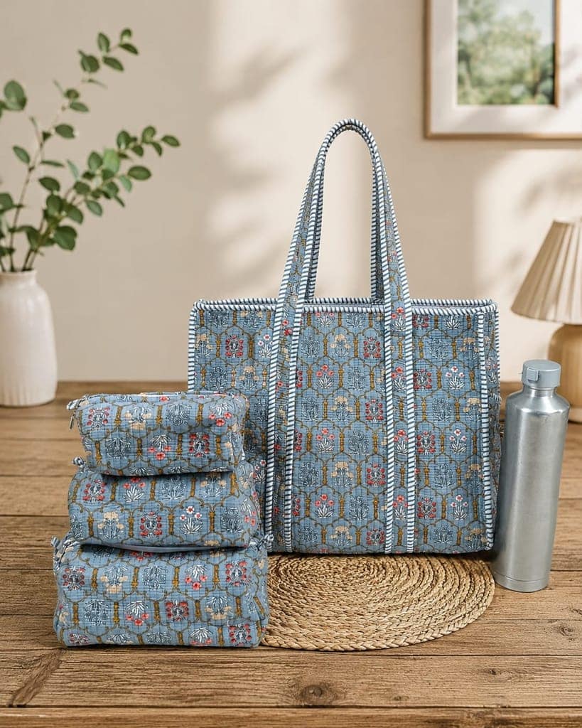 Assorted Fabric Tote Bag with 3 Pouch Organizers Set view 2
