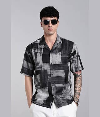 Paul Street Cotton Blend Boxy Printed Half Sleeves Cuban Collar Men's Casual Shirt (White)