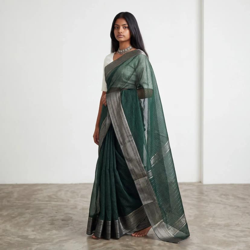 Mangalgiri Bottle Green Silk Cotton Saree Temple Border view 2