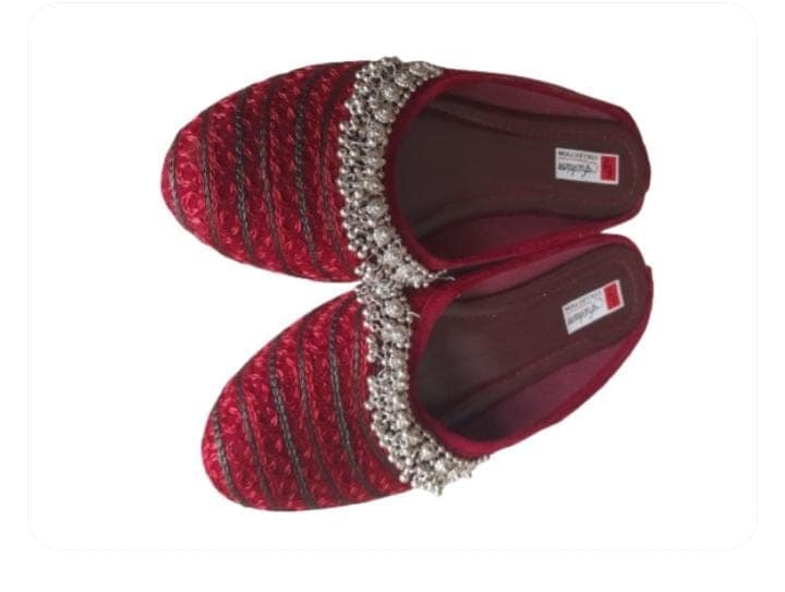 Red Slip-On Flats with Silver Bells for Women's view 2