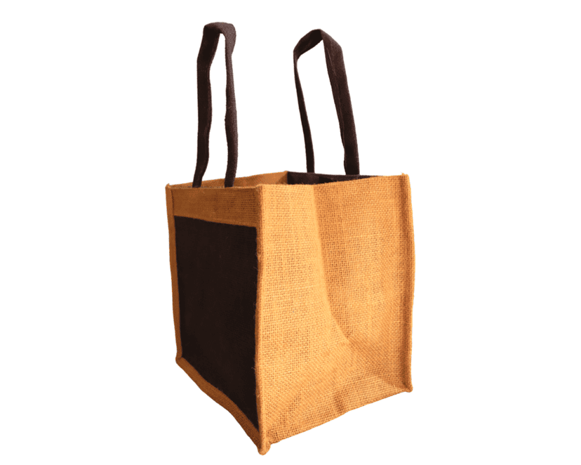 Jute tote bag with brown handles view 2