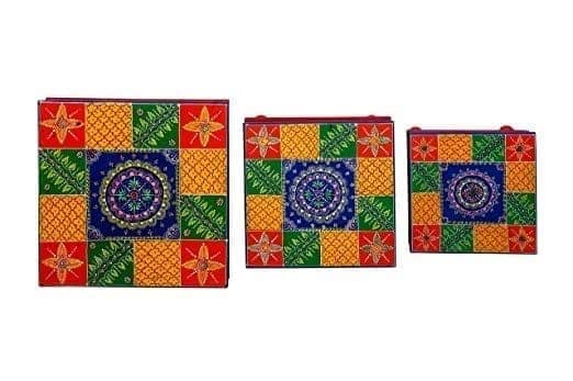 Kusum Art and Crafts Wooden Handpainted Bajot Pooja Chowki Set of 3 (18x18x6, 15x15x6, 12x12x6, Multicolour-B) view 2