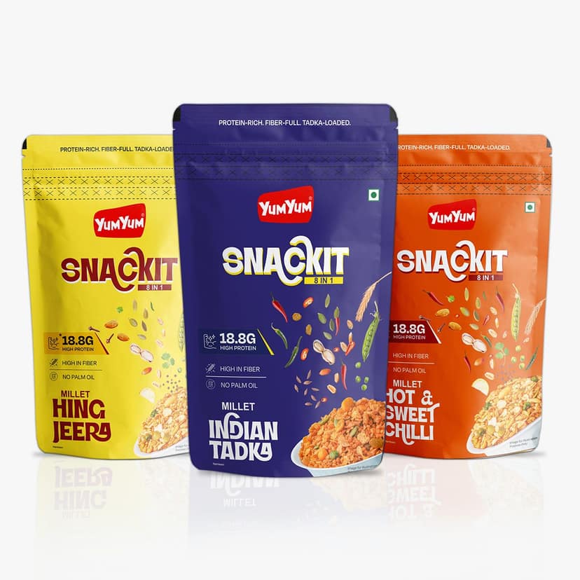 YUM YUM Snackit Millet Namkeen Combo Indian Tadka, HIndiag Jeera, Hot Chilli Pack of 3 - 3 x 80g