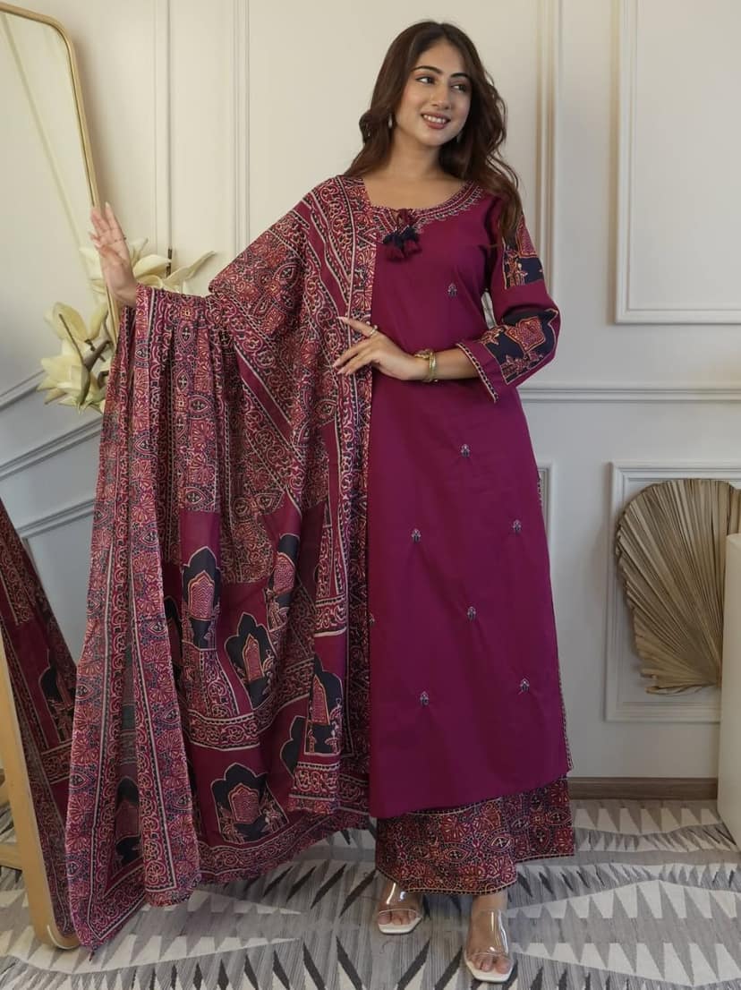 Cotton Embroidered Kurta Set with Dupatta