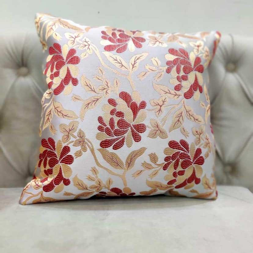 Maroon White Damask / Self Design / Woven Floral Motifs Zipper Square Combo Cushion Covers (16x16 inch or 40 x 40 cm) Set of 5 view 2