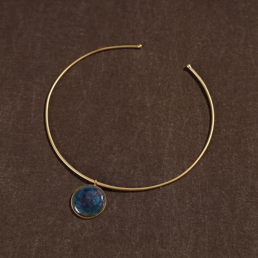 Blue Brass Hasli Necklace with Meenakari Pendant view 2