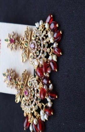 KAVALI Gold Chandelier Earrings with Red Gemstones & Pearls view 2