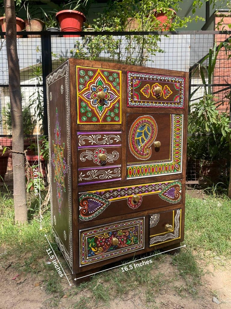 Wood To Cart® Wooden Bedside Table, 7 Drawer Chest, Storage Table, Chest Of Drawer, Handmade Hand-Painted, Indian Ethnic Style view 2