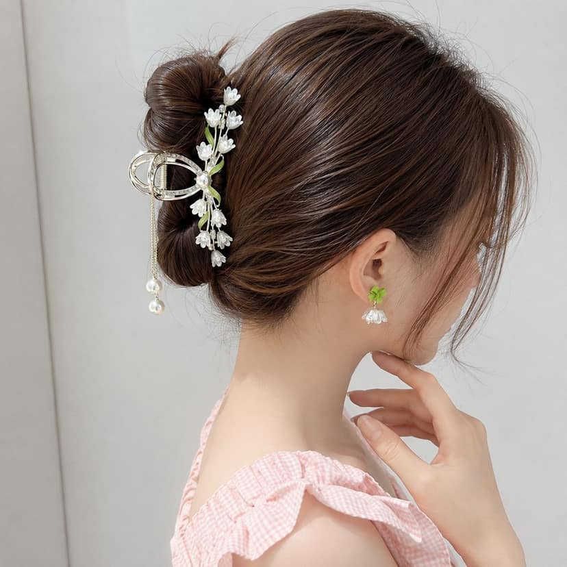 Elegant Green White Lily Pearl Hair Claw view 2