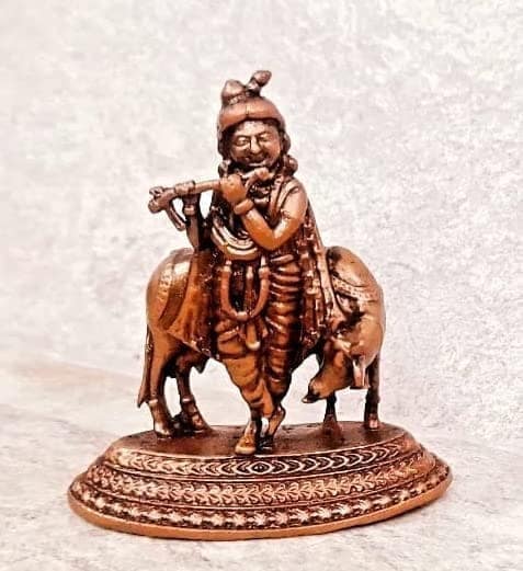 Searchers Paradise - Copper Idols Krishna with cow, 2.4 inches, Copper Handmade 107 Grams, Patina Antique Finish, Pack of 1 Piece