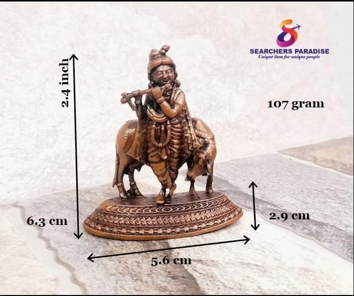 Searchers Paradise - Copper Idols Krishna with cow, 2.4 inches, Copper Handmade 107 Grams, Patina Antique Finish, Pack of 1 Piece view 2
