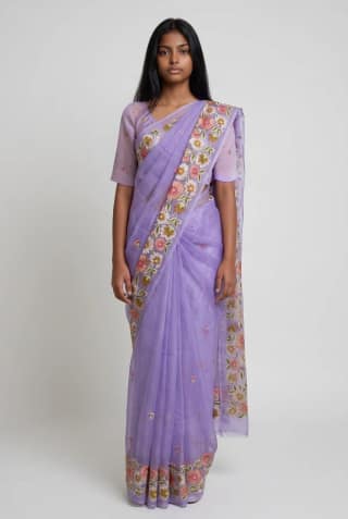 Handwoven Kota Doria Saree in Lavender with Hand-Embroidered Floral Borders