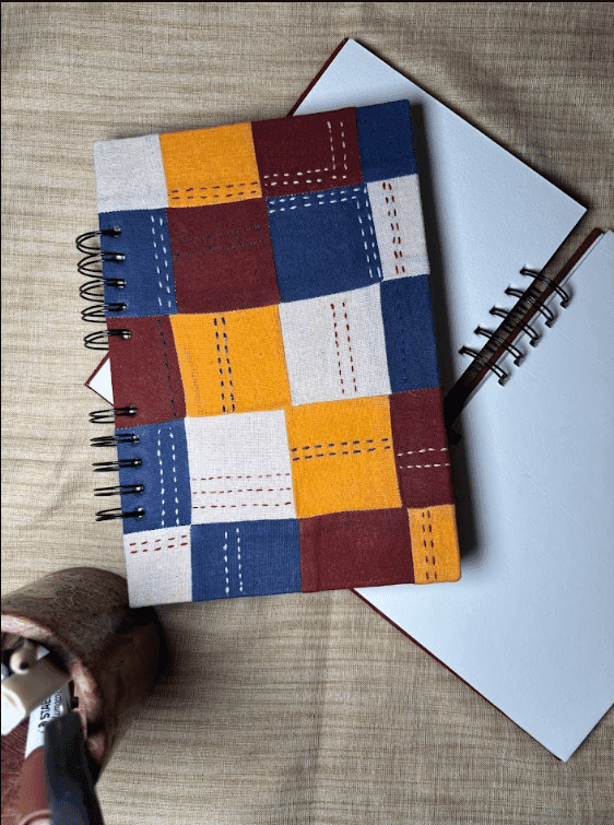 Handmade Multi-Color Patchwork Fabric Spiral Notebook - A5 Size, Plain Pages