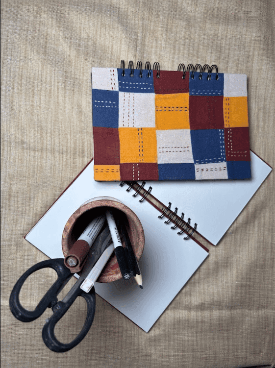 Handmade Multi-Color Patchwork Fabric Spiral Notebook - A5 Size, Plain Pages view 2
