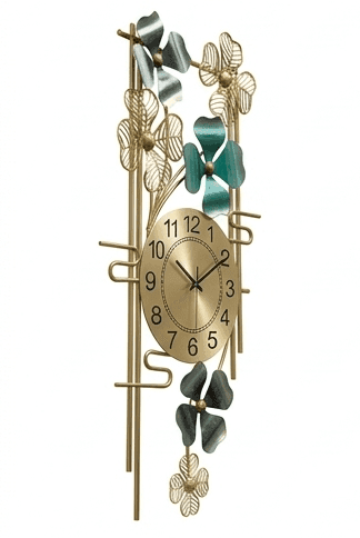 Azure Bloom Vertical Wall Clock – Handcrafted Floral Metal Art with Gold Accents