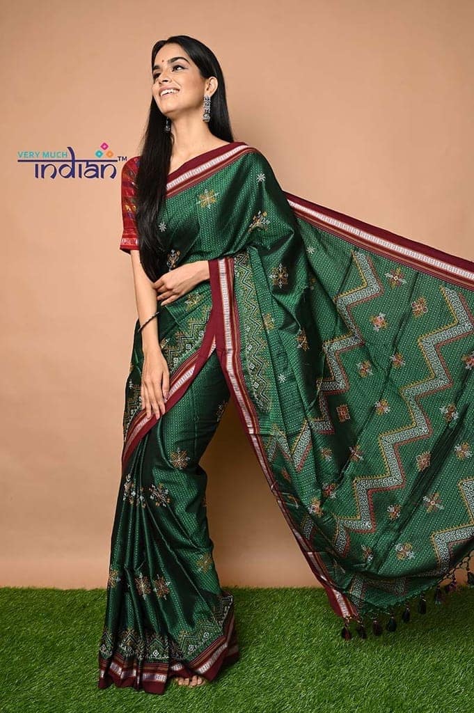 Exclusive Traditional Khun Saree - Cotton Resham Authentic Handwoven Saree, Bottle Green Weave with Kashida work - Red Border view 2