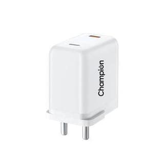 Champion 25W PD Wall Charger/Adapter with Dual Output (USB + Type C) Supports PPS/Warp/Dash/SuperVooc Charging Via USB Port & PD Charge for iPhone & Android Devices (White)
