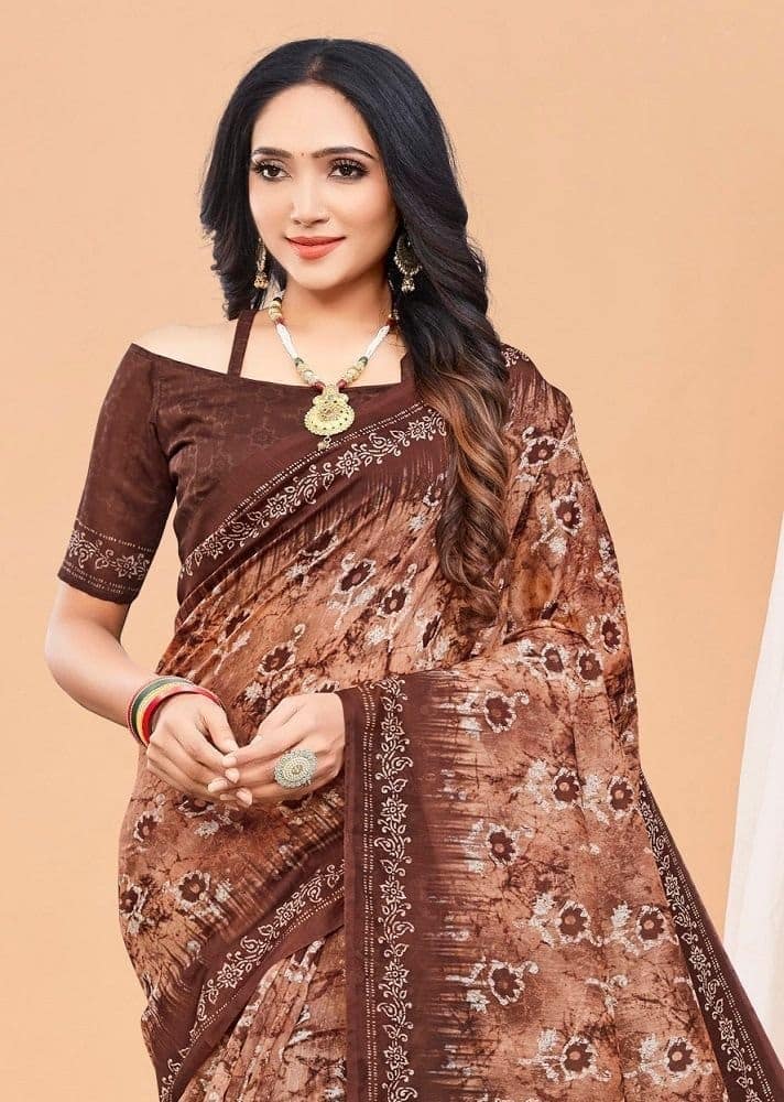 Digital Printed Chanderi Cotton Saree in Brown and Peach view 2