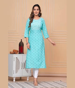 GlowWorld Rayon Embroidered Straight Women's Kurti - Light Blue ( Pack of 1 )