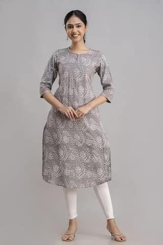 Grey Printed Straight Kurta with White Leggings