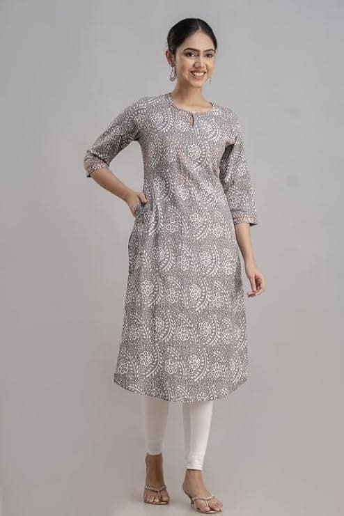 Grey Printed Straight Kurta with White Leggings view 2