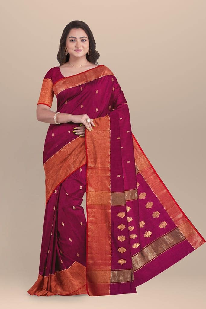 Rani Pink Buti Handwoven Maheshwari Silk with Zari Border and Buta Palla Saree SKU-BS10114