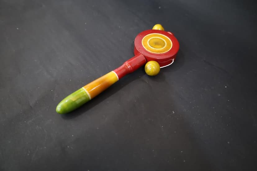 Wooden Baby Rattle, Red and Yellow Circular Design with Green Handle, Traditional Educational Musical Toy for Infants view 2