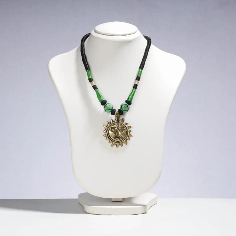 Green Patwa Thread & Brass Pendant Necklace view 2