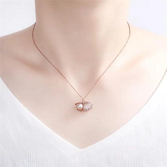 Jewelryklub Sea Shell Pearl Pendant With Chain Studded With Cubic Zircona American Diamonds - Rose Gold view 2